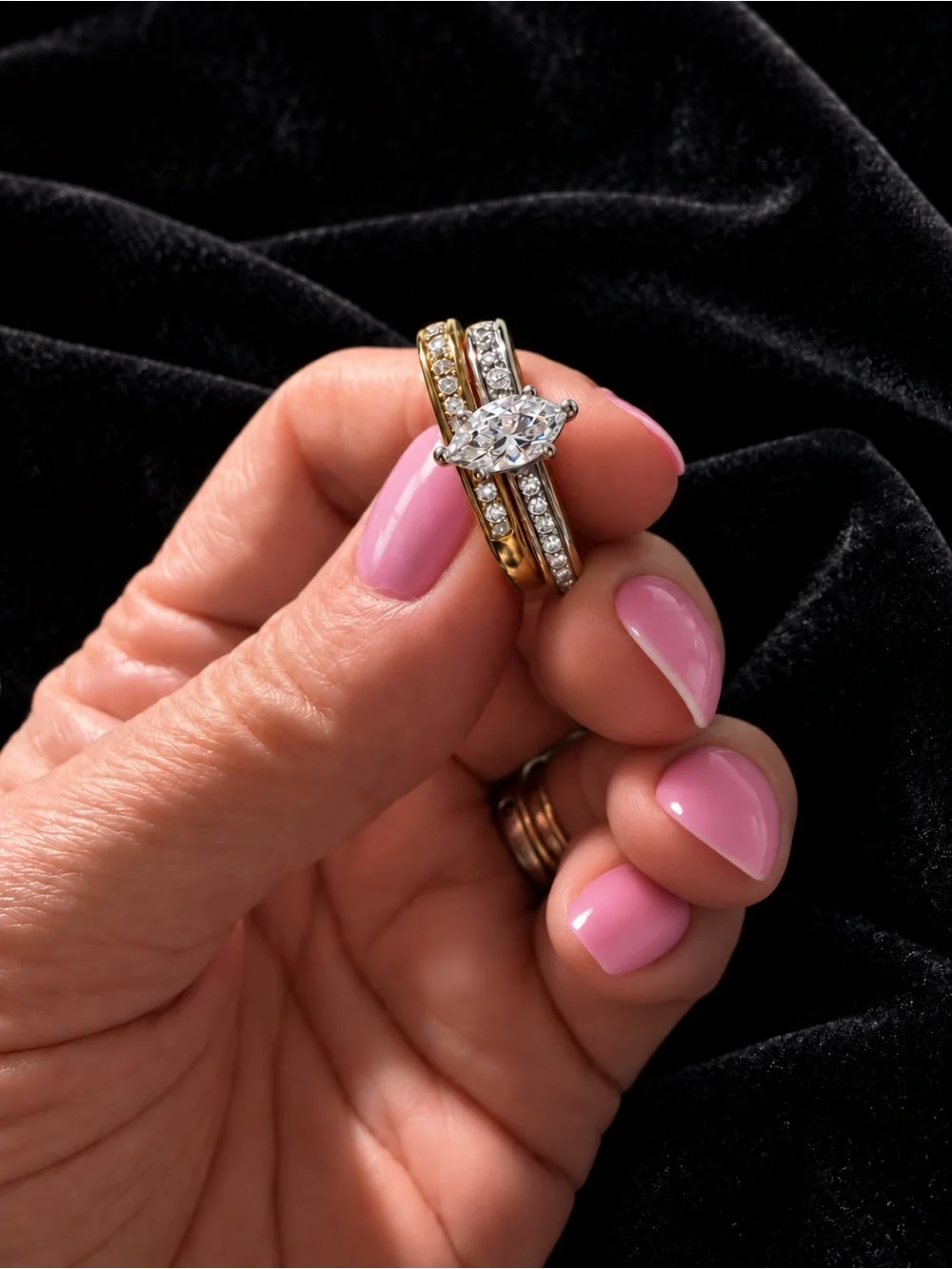 Marquise Solitaire Stackable Ring Set in White and Yellow Stainless Size 4 3/4